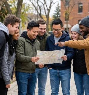 a group of young people looking at a map