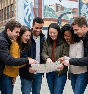 a group of people looking at a map