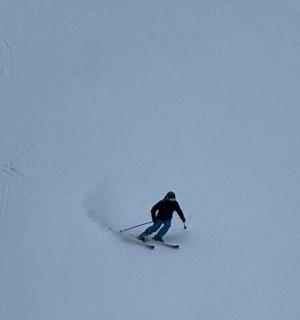 คนๆ หนึ่งกำลังเล่นสกีลงมาจากเนินที่ปกคลุมไปด้วยหิมะ