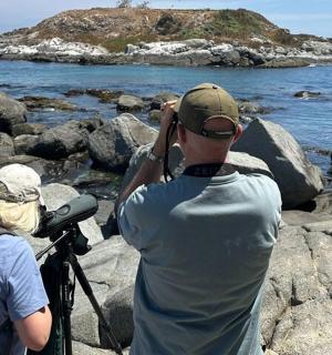 ein Mann und eine Frau stehen auf Felsen in der Nähe des Wassers