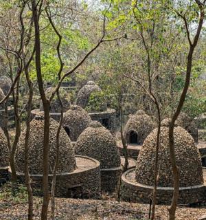 eine Gruppe von Steinstrukturen in einem Wald