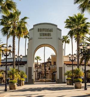 a mall with palm trees and a building