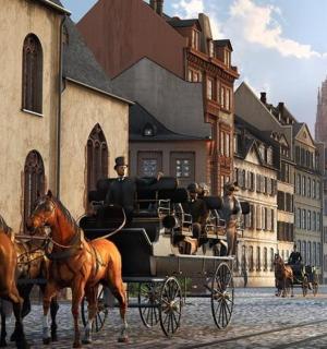 a group of people riding in a horse drawn carriage
