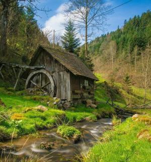 eine alte Scheune auf einem Feld neben einem Bach