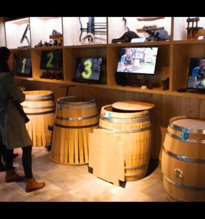 en kvinde stående i et rum med tønder og fjernsyn