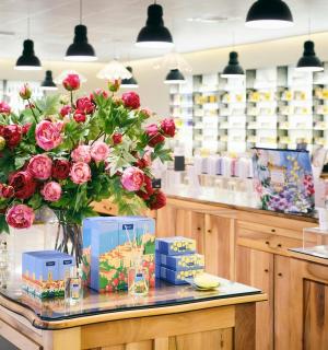 ein Geschäft mit Blumen auf einer Theke in einem Geschäft
