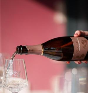 a person pouring a bottle of wine into a glass