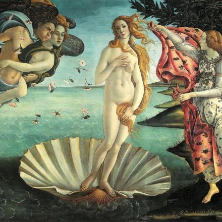 a painting of a man and a woman standing on a mushroom