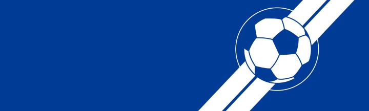 Dark blue background with (on the right-hand side) a blue-and-white image of a football in a thin white circle, with two white diagonal ribbon-like lines passing behind the football