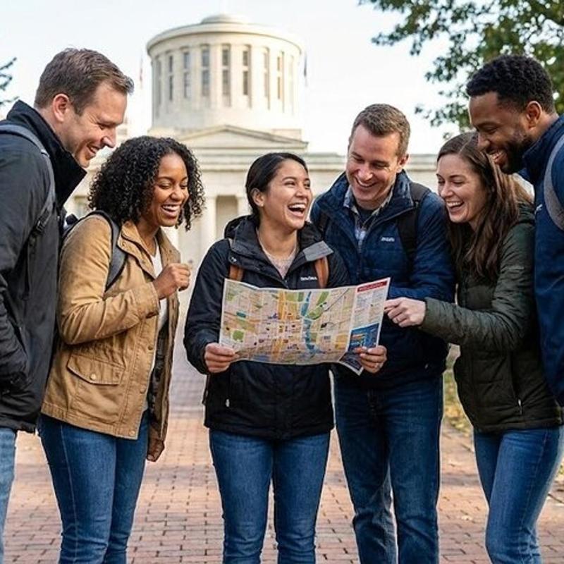 a group of people looking at a map