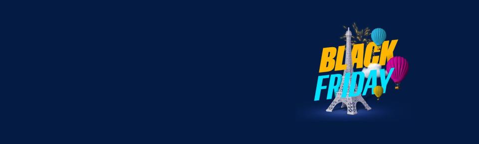 The Eiffel Tower with hot air balloons and a large Black Friday logo