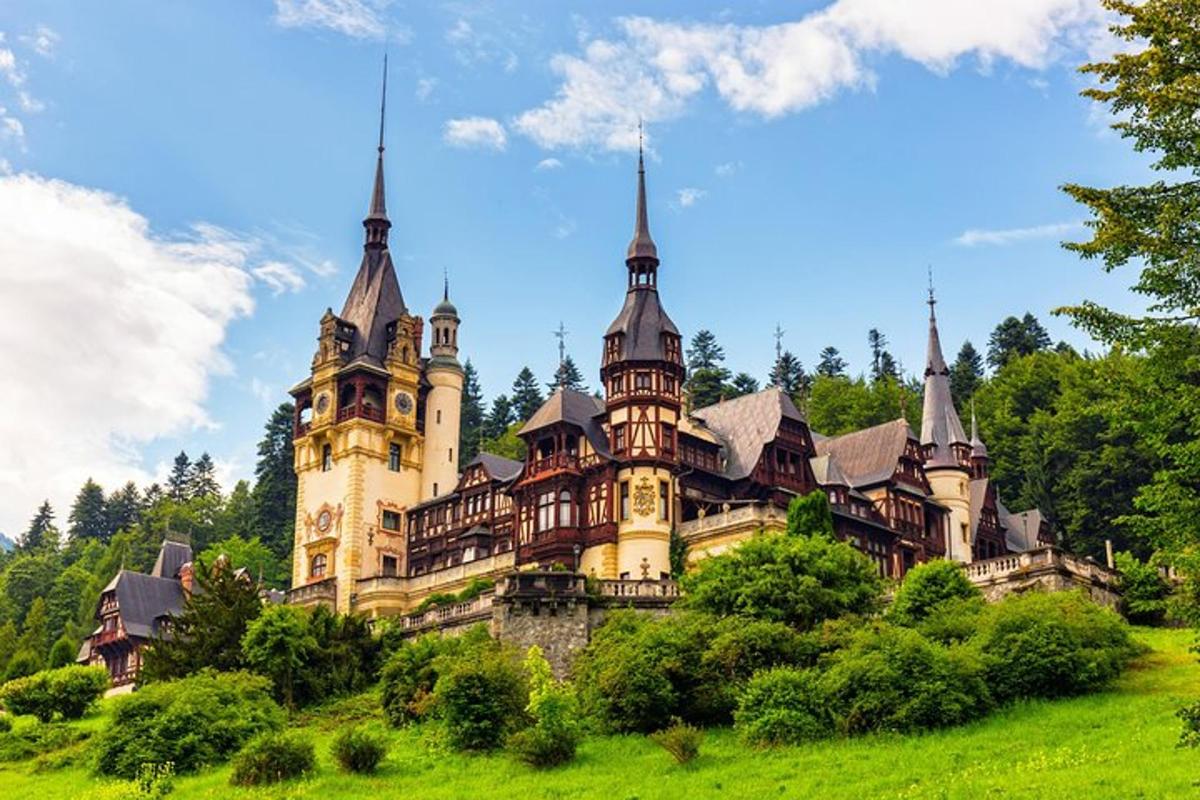 an old castle on a green hill with trees