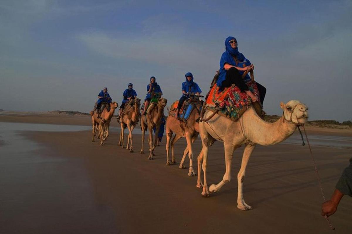 a group of people riding on camels on the beach