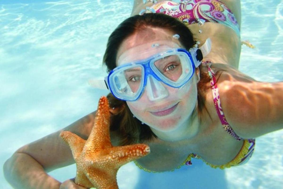 eine Frau in einem Schwimmbecken, die einen Seestern hält