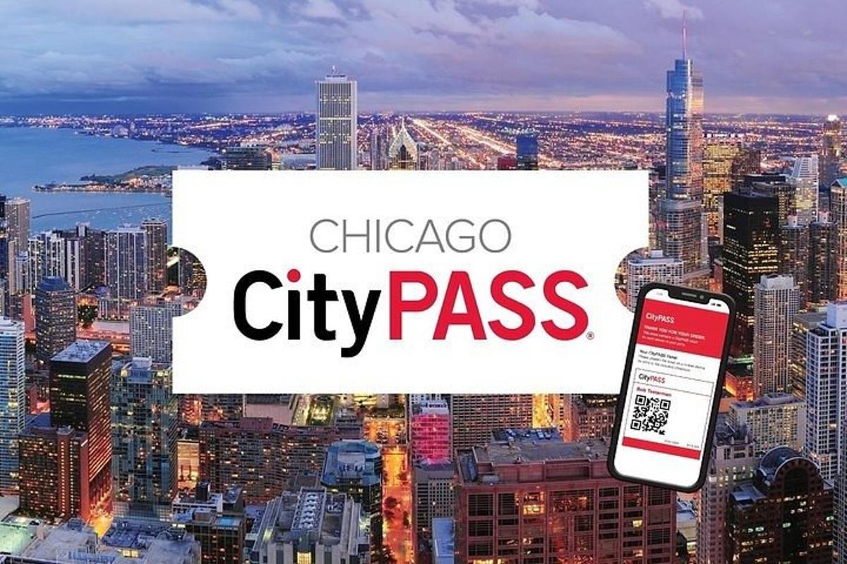 a city view with a cell phone and the words chicago city pass