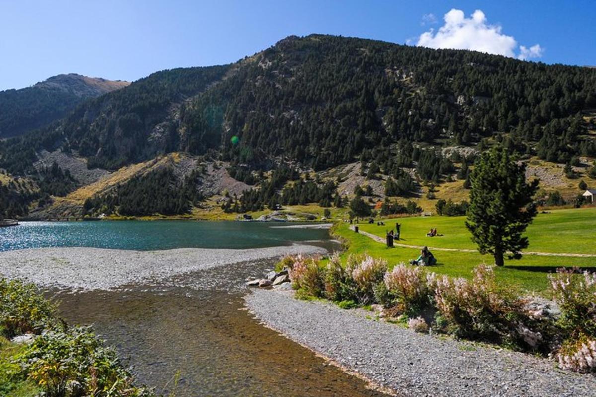 a view of a lake with mountains in the background
