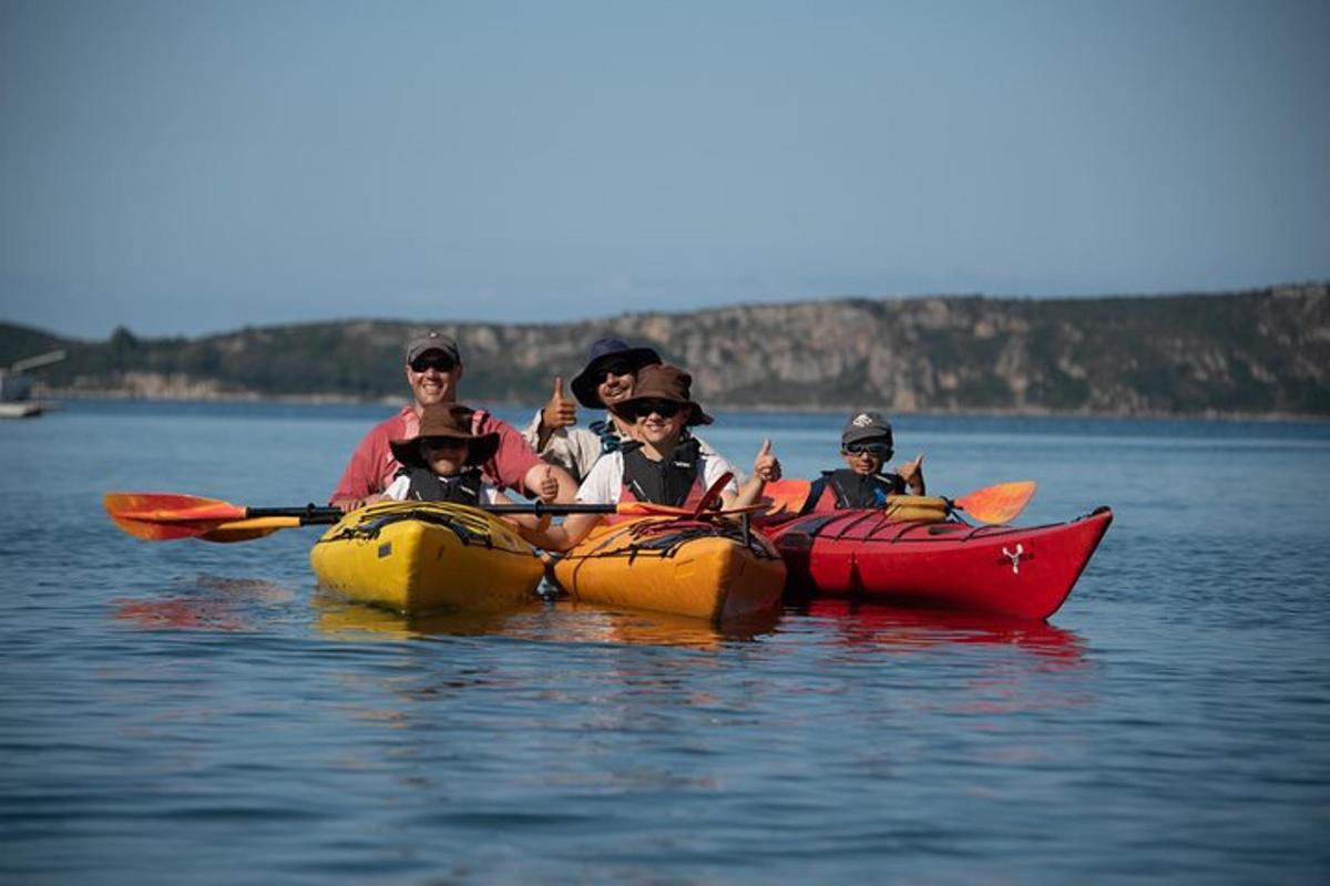 a group of people in kayaks on the water