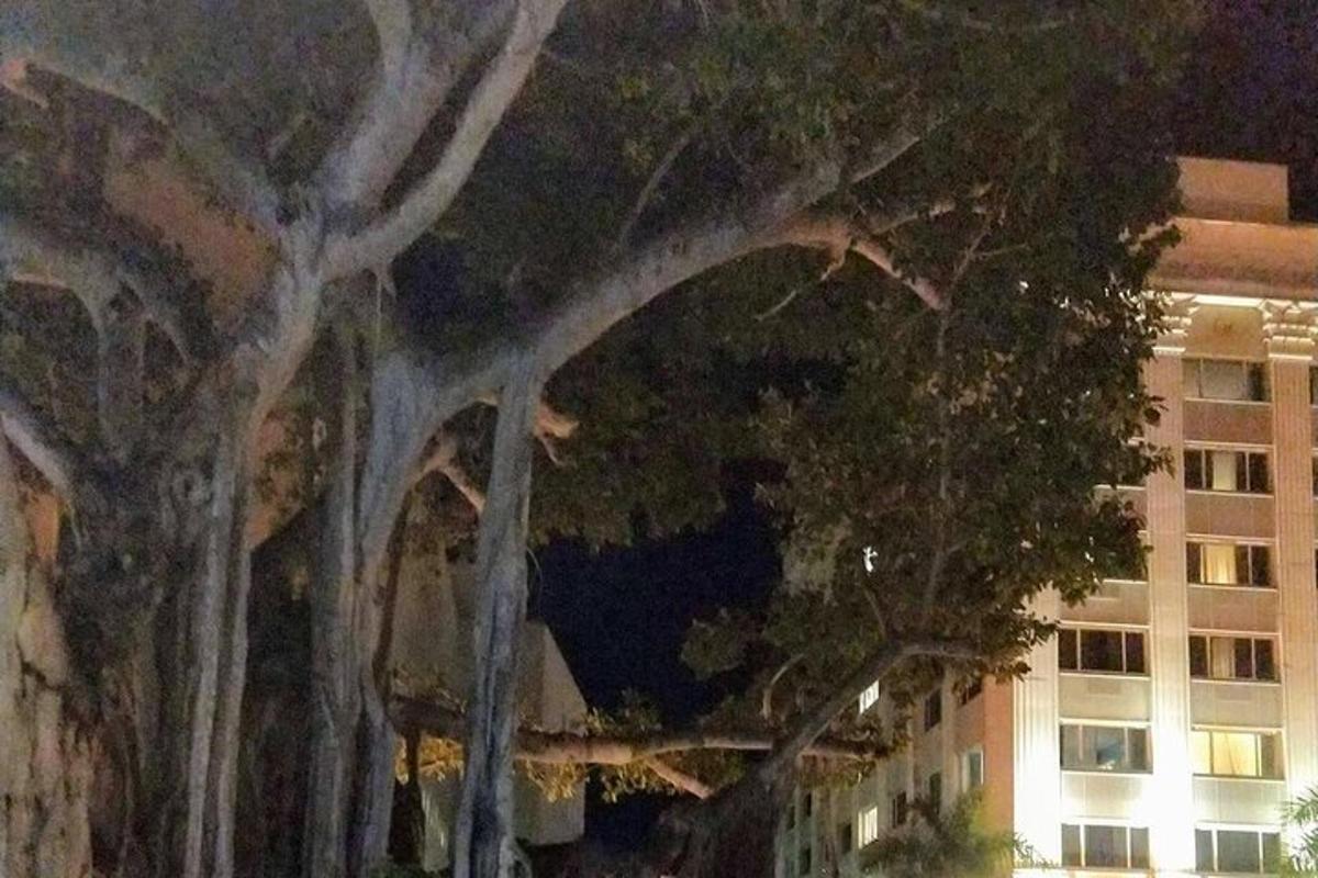 a painting of a building with trees in front of it