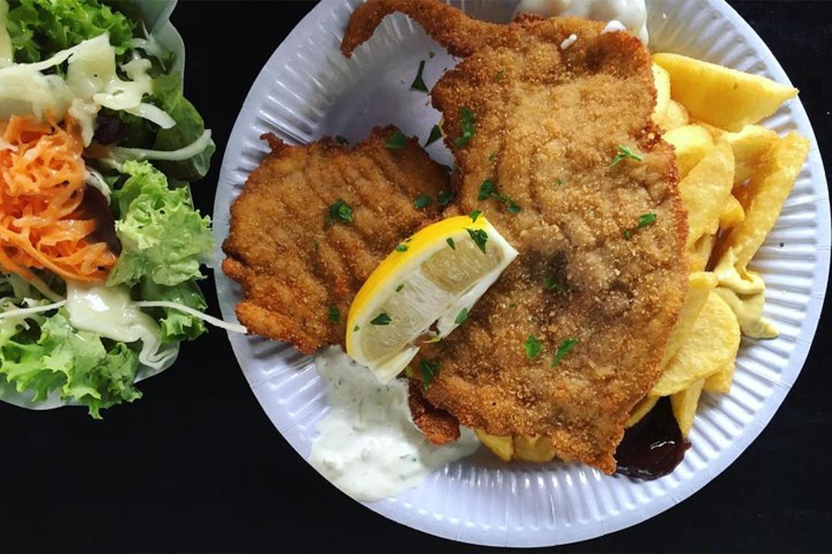 pinggan kertas dengan ikan dan kerepek goreng dan salad