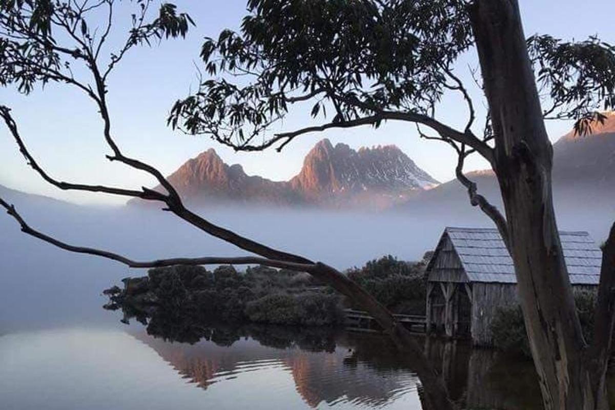 a view of a lake with a mountain in the background