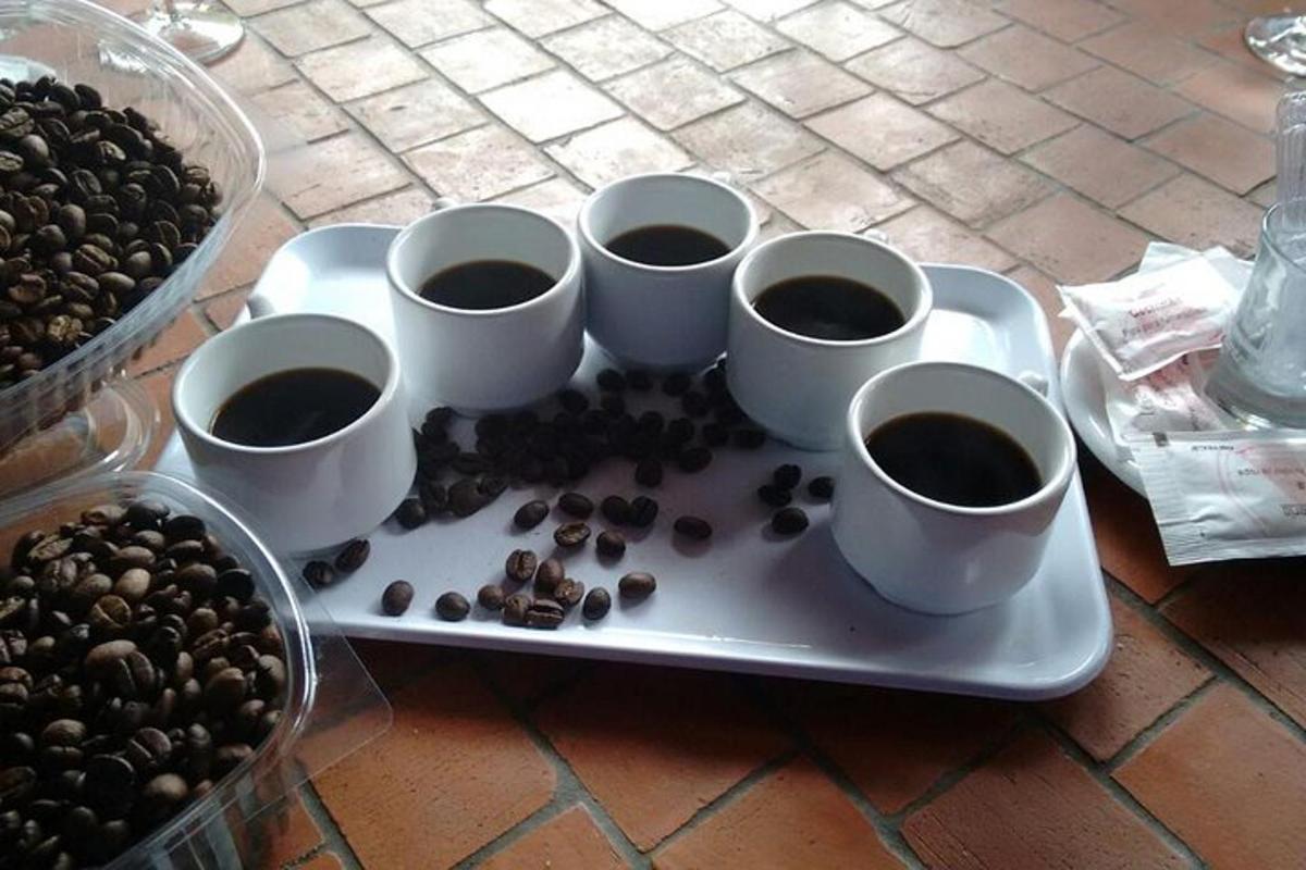 một khay đựng tách cà phê và hạt cà phê trên bàn