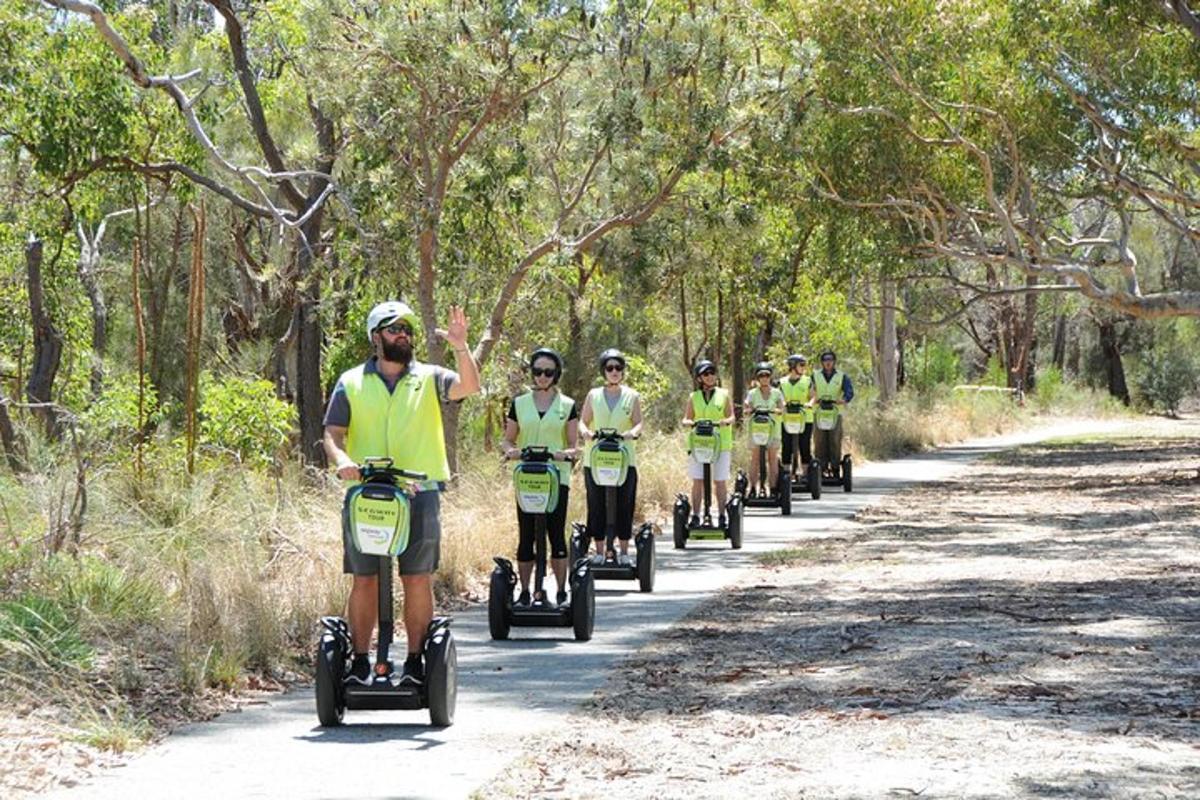 a group of people riding on segways on a road