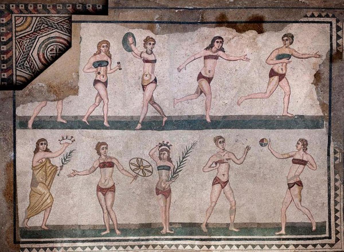 a painting of people in bathing suits on a wall