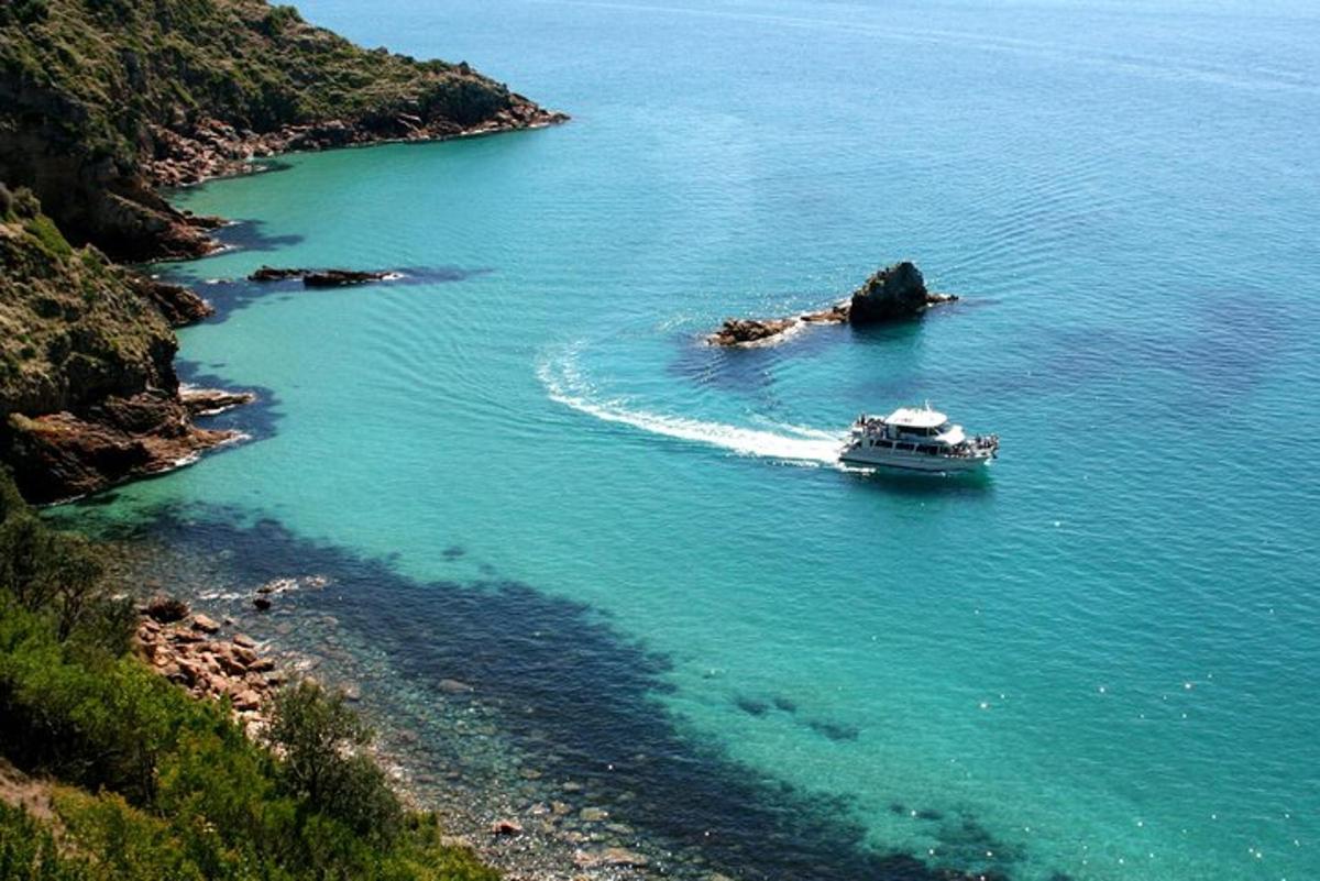 a boat in the water near a small island