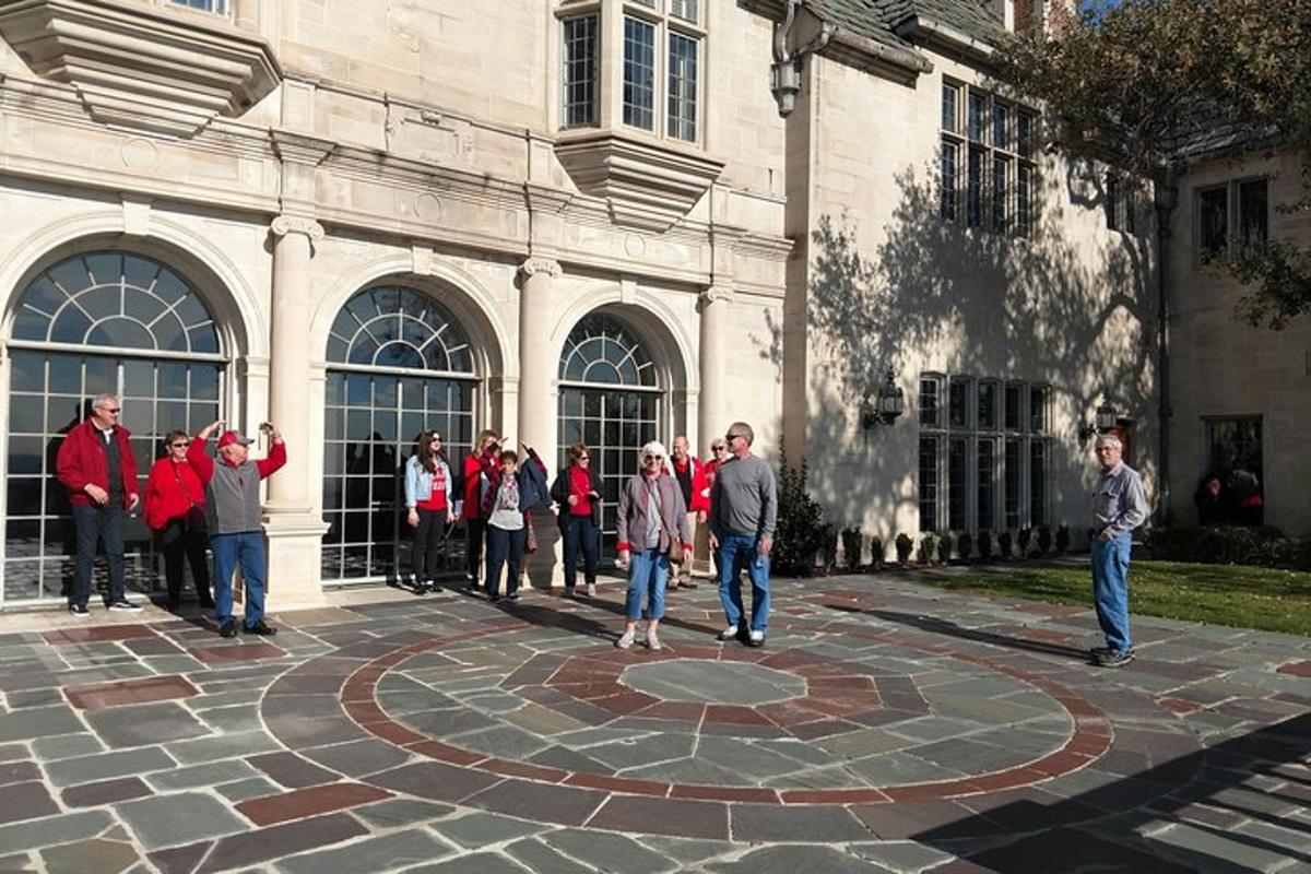 a group of people standing in front of a building
