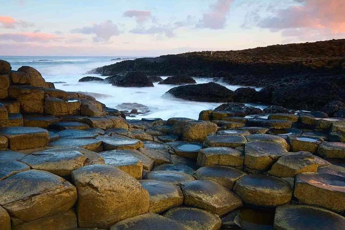 a large group of rocks on the shore of the ocean