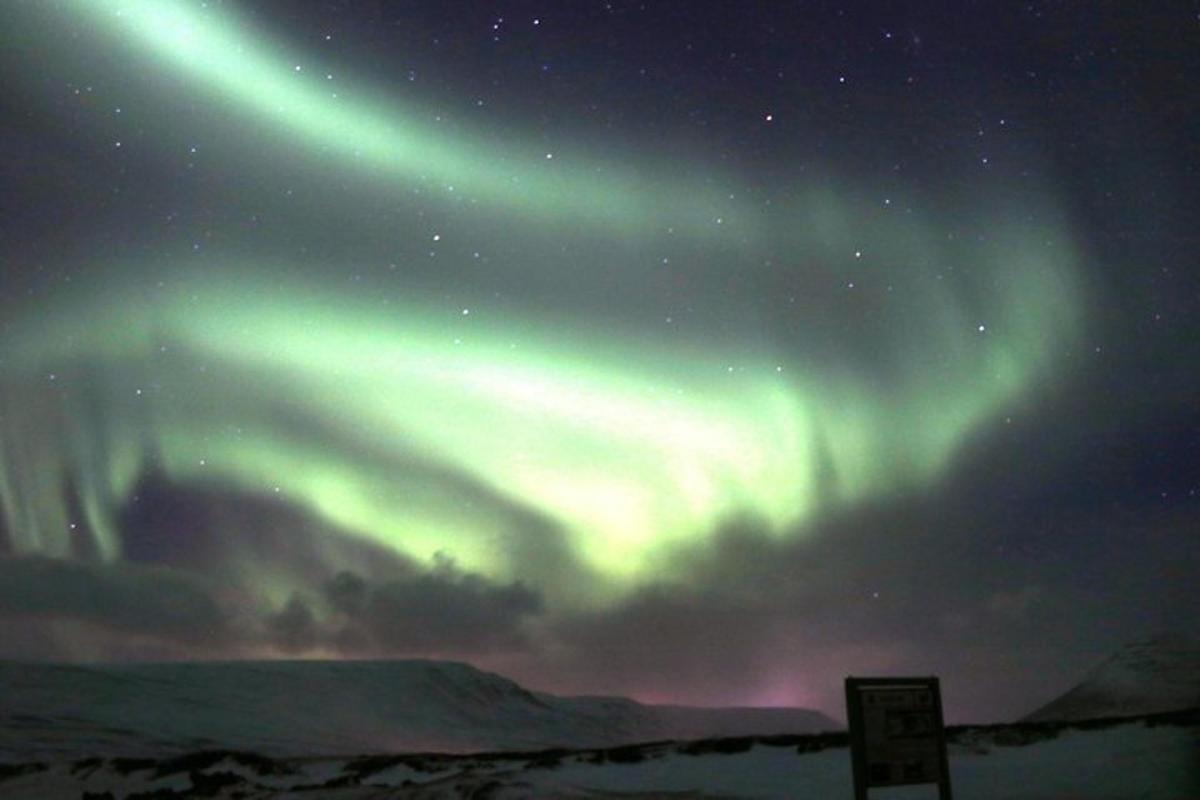 norðurljós á himni yfir snæviþöktum reit