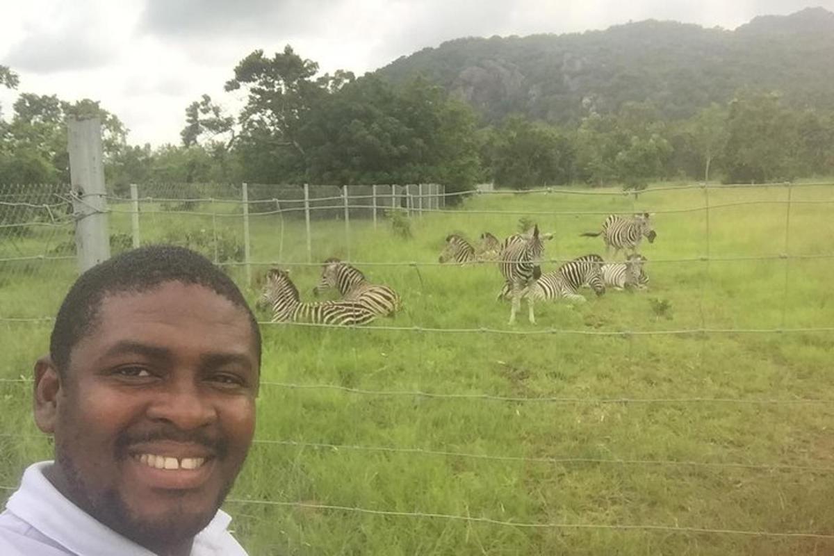 um homem parado em frente a um campo de zebras