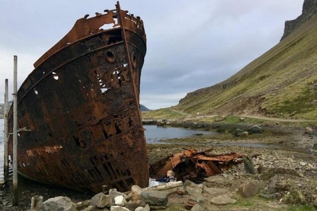 gamall bátur sem stendur við ströndina við fjall