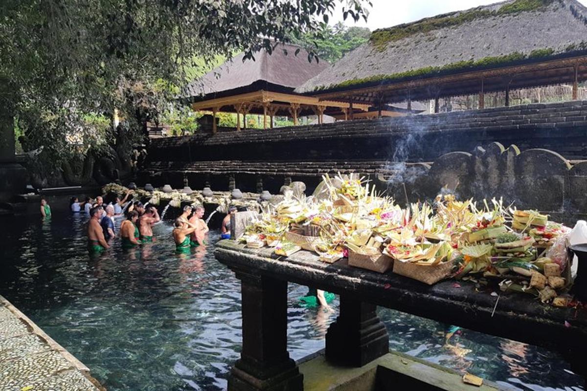 a group of people bathing in a pool of water