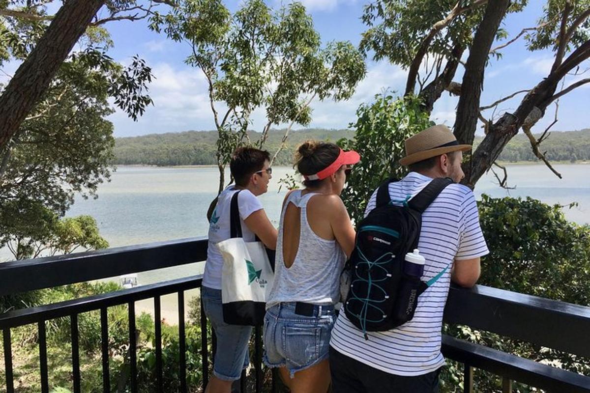 three people standing on a fence looking at the water