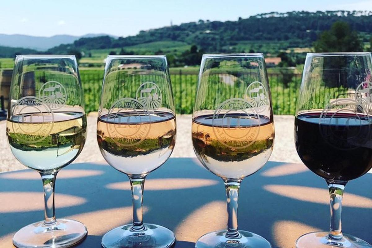 a group of wine glasses sitting on a table
