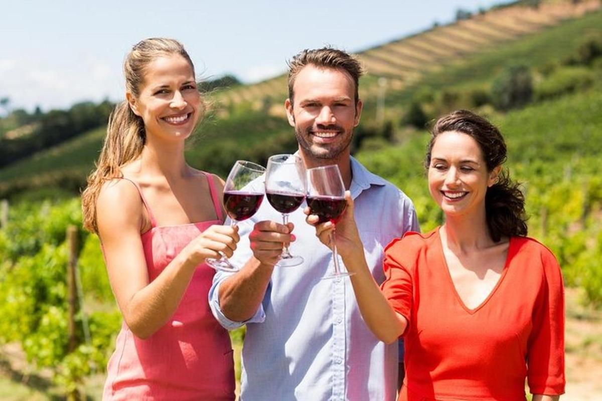 un gruppo di tre persone che tengono in mano bicchieri di vino