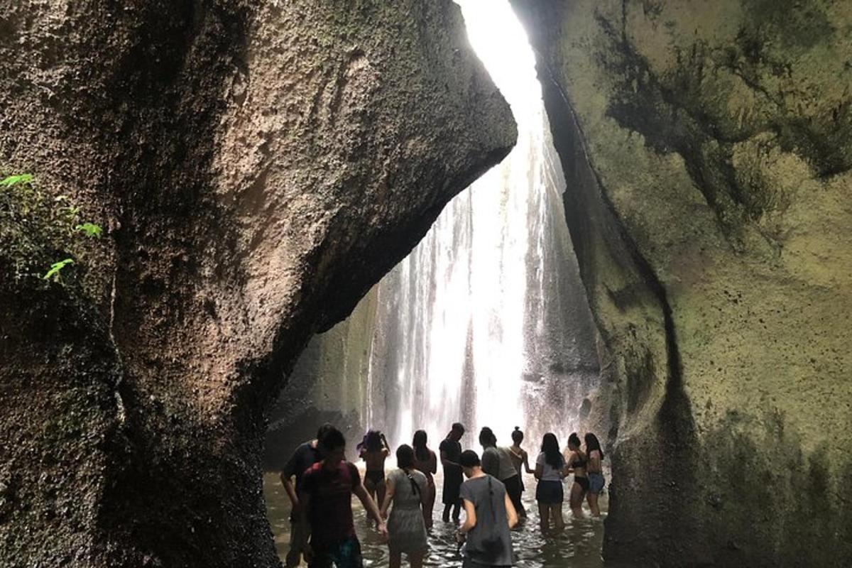 isang grupo ng mga tao na nakatayo sa tubig malapit sa isang talon