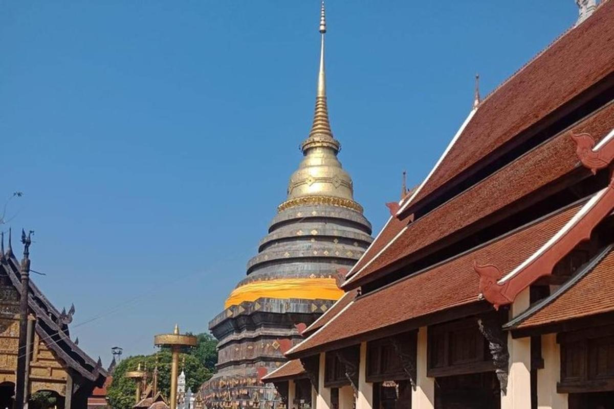 um grande pagode está à distância atrás de um edifício