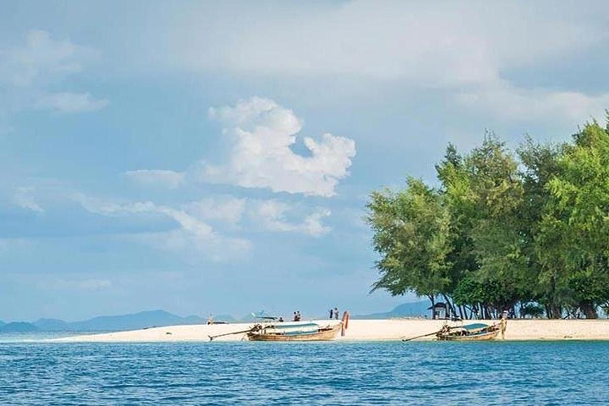 pantai dengan pokok dan dua bot di dalam air