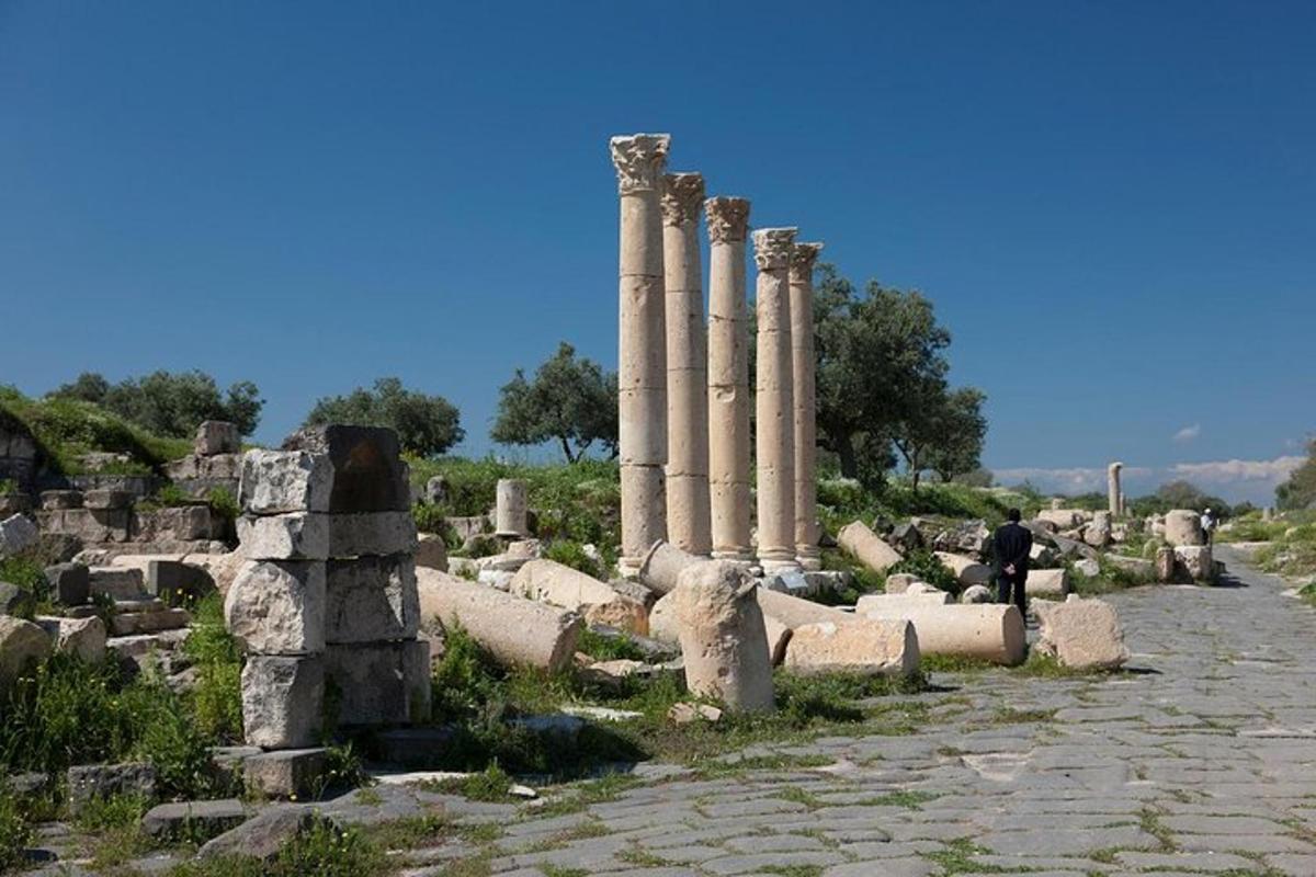 un gruppo di rovine con un uomo in piedi di fronte