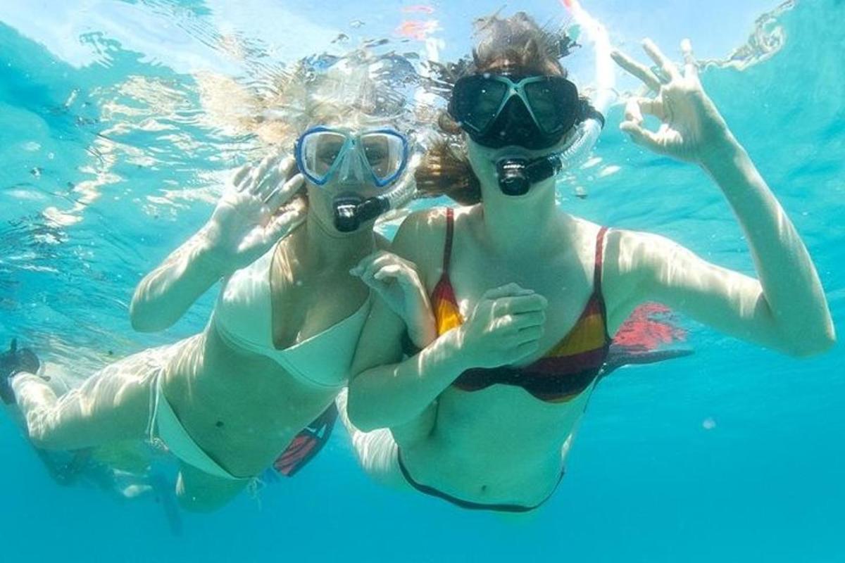 hai người phụ nữ dưới nước đeo mặt nạ và bơi