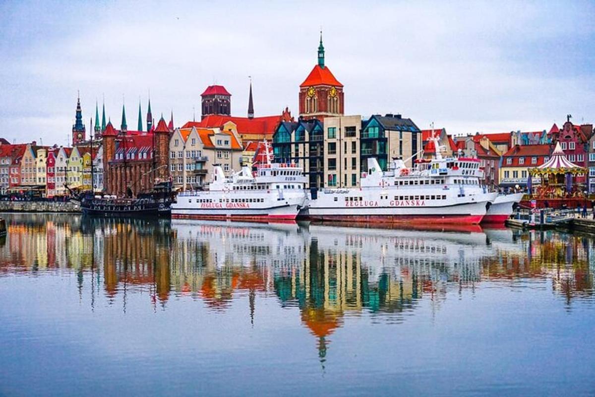 a city with two boats docked in the water
