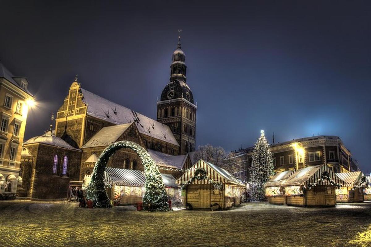 a large building with christmas lights in front of it