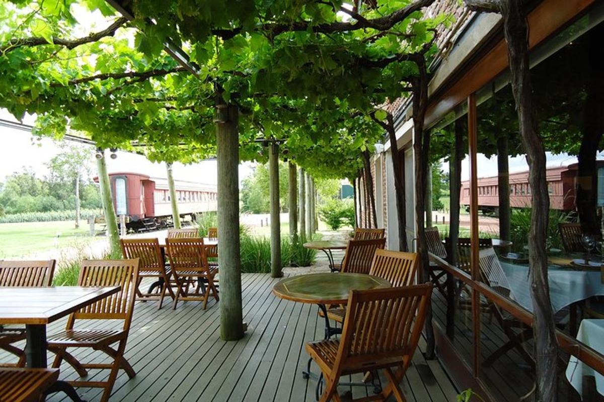 un patio esterno con tavoli, sedie e alberi