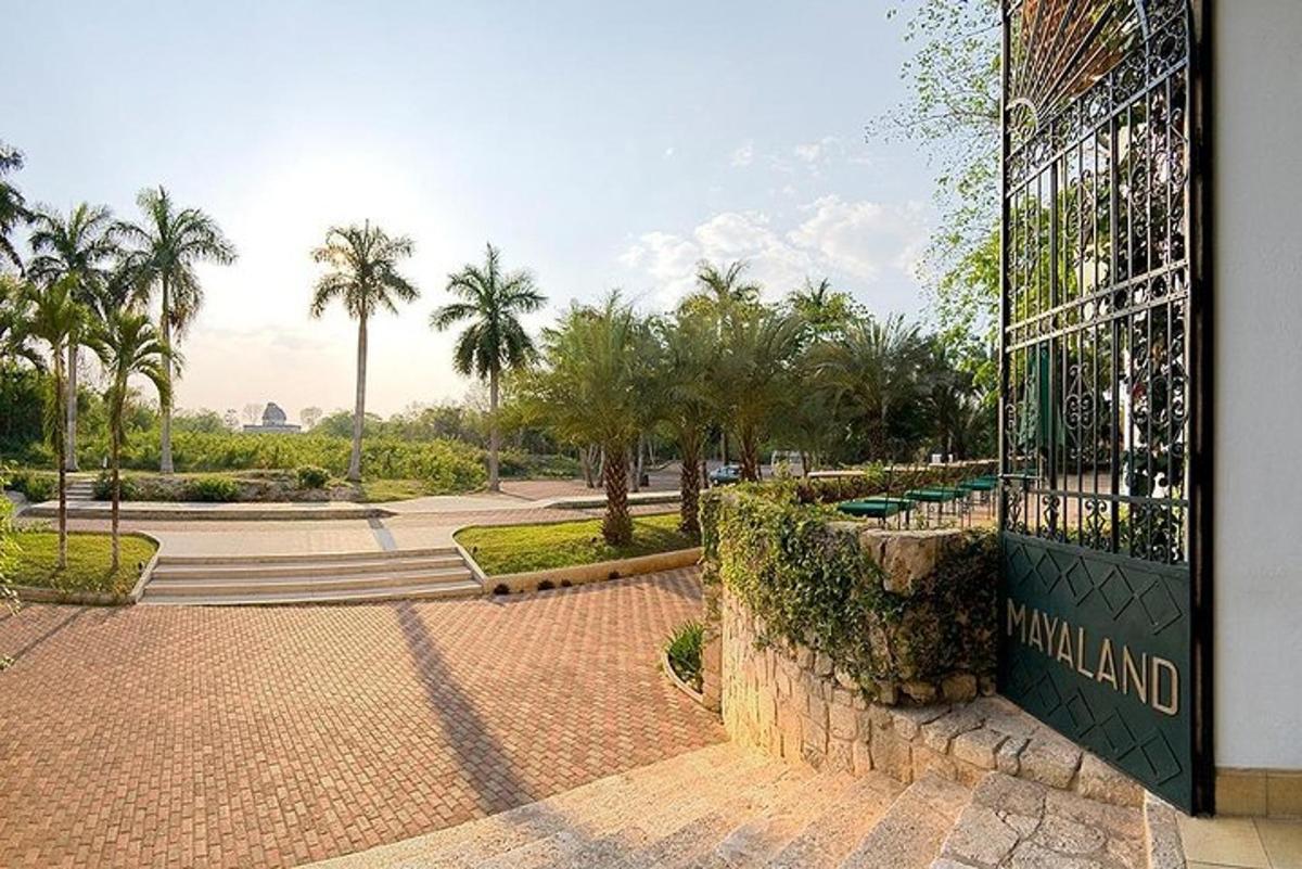 a gate to a park with palm trees and a building