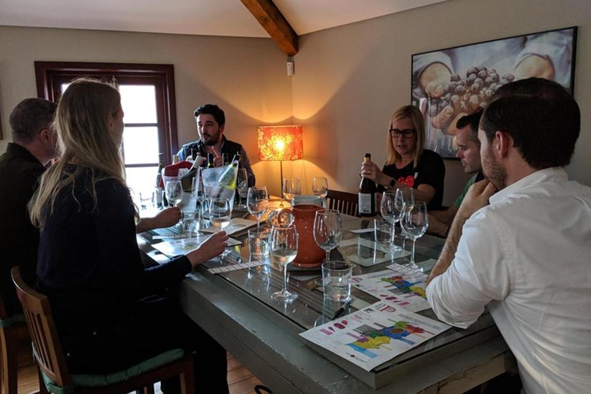 skupina lidí sedících kolem stolu s vinnými sklenicemi
