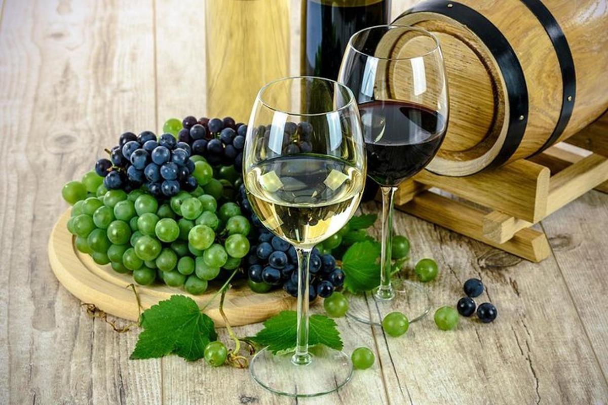 duas taças de vinho ao lado de um prato de uvas
