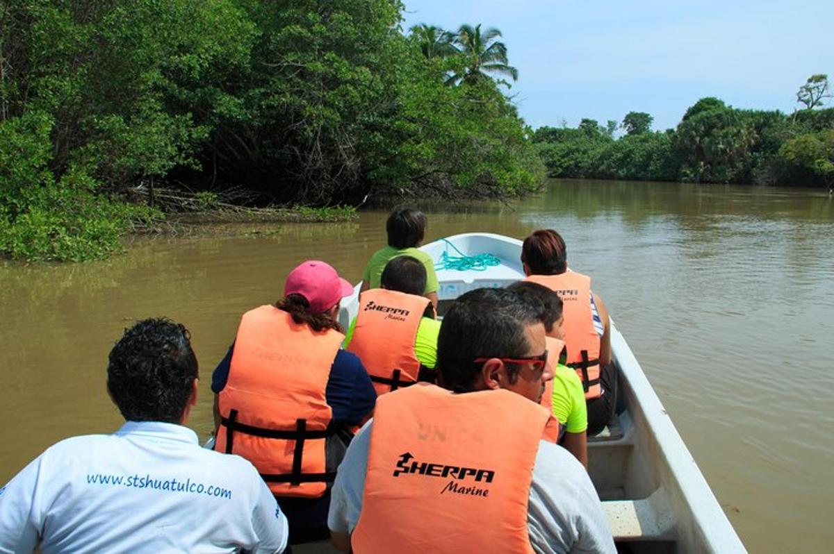 a group of people in a boat on a river