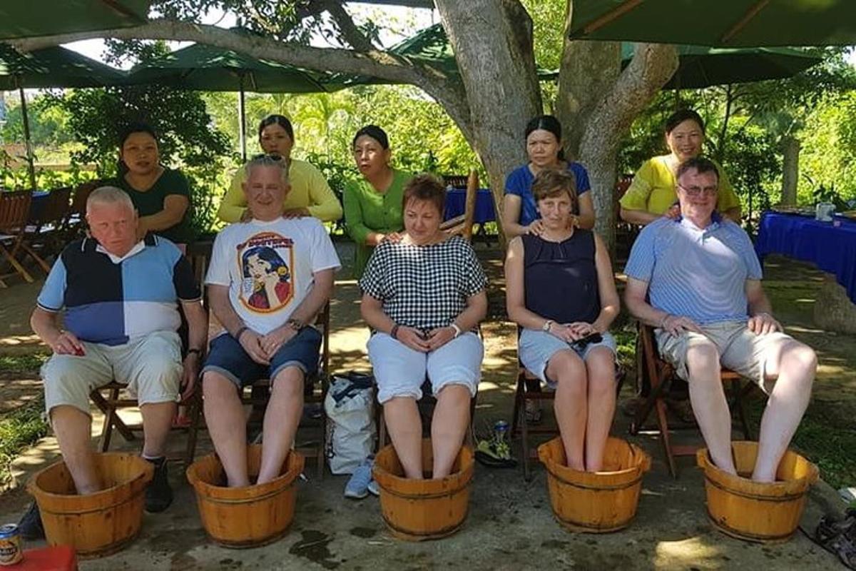 Un grupo de personas sentadas en sillas debajo de un árbol.